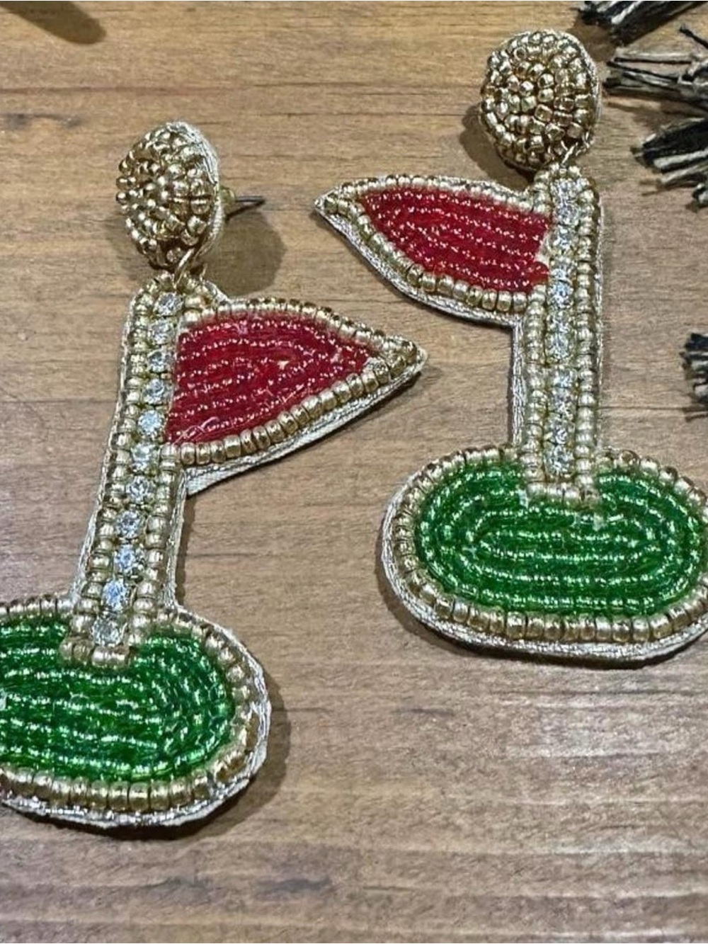Beaded Green & Red Statement Golf Earrings